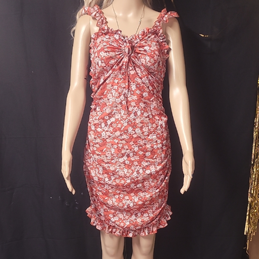 Chic Red and White Ruched Spaghetti Strap Mini Dress